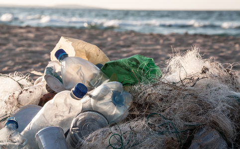 plastic water bottles on a beach