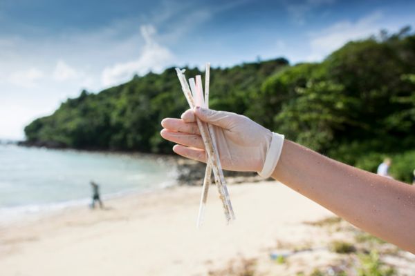 Plastic straws polluting a beach